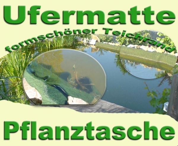 Ufermatte und Pflanztaschen schützen die Teichfolie am Teichrand