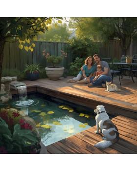 Stegbohlen in der Terrasse mit Wasserspiel