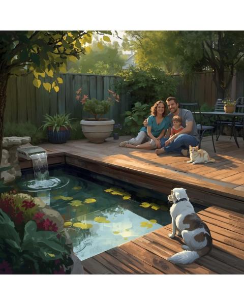 Stegbohlen in der Terrasse mit Wasserspiel